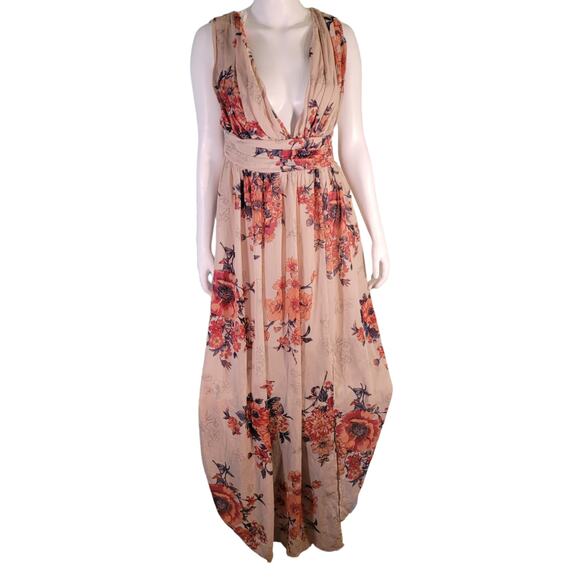 Filly Flair Dresses & Skirts - FILLY FLAIR Soieblue blush floral low-cut v-neck  flowy sheer long maxi dress l